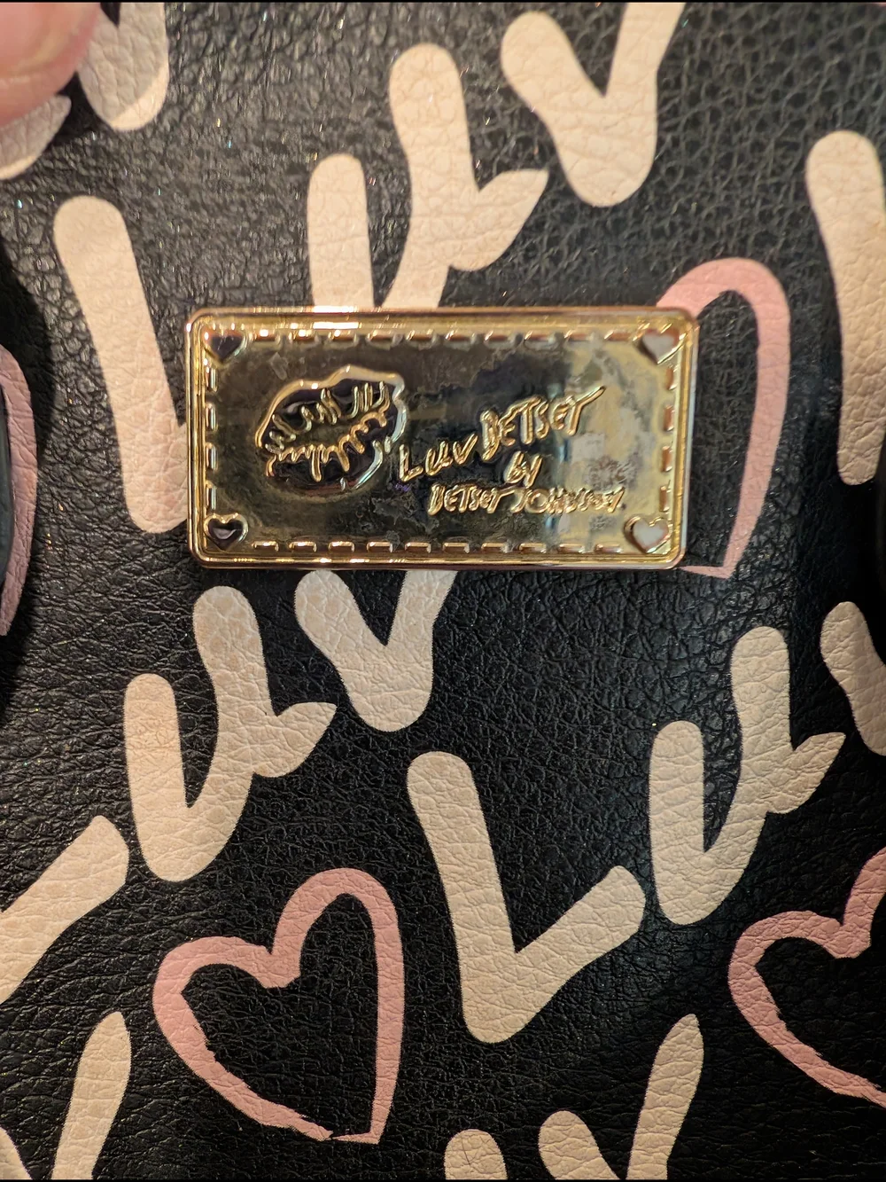 Betsey Johnson Black Cosmetic Bag with Pink and Cream Heart Luv Print